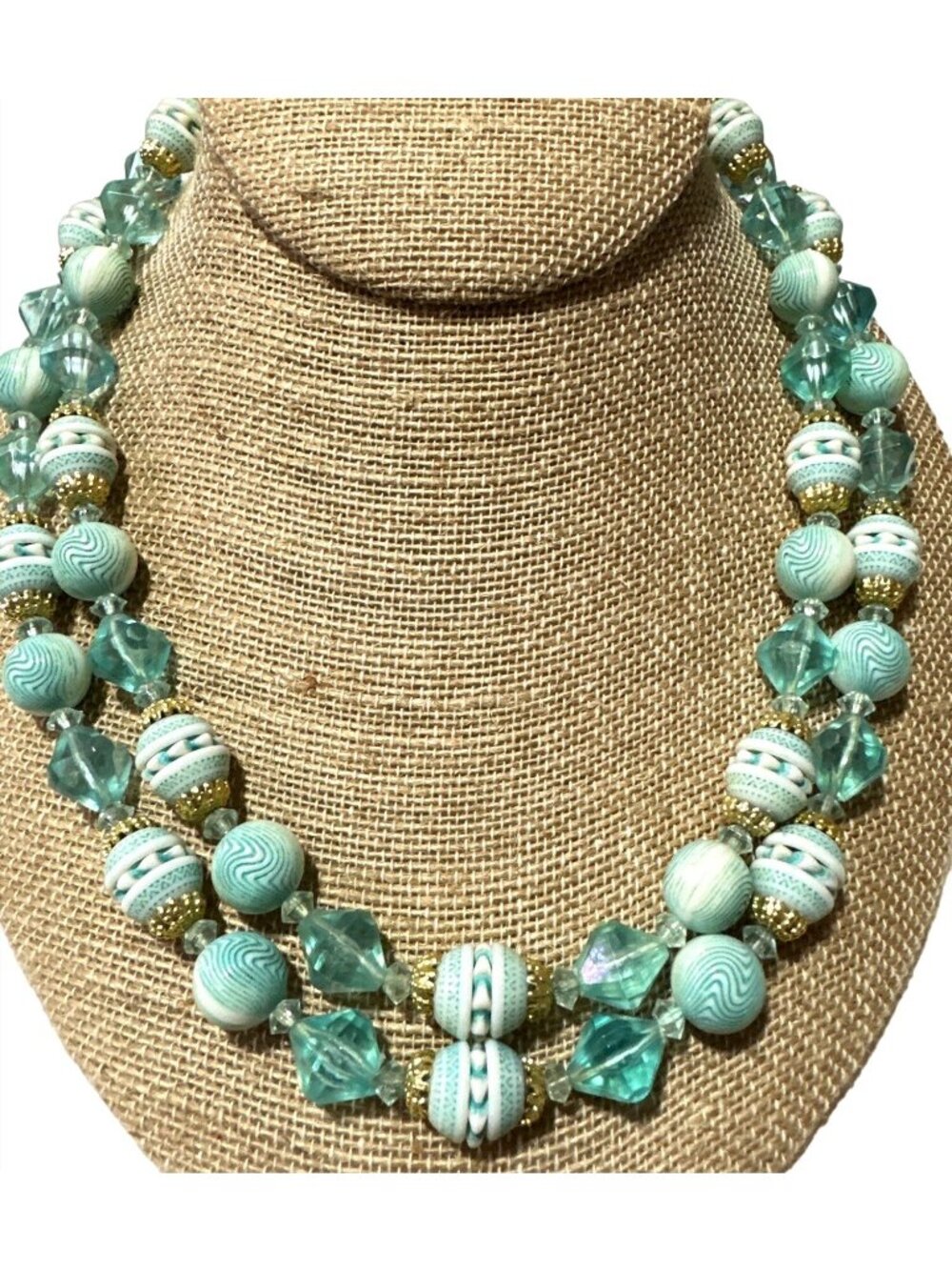 Retro 50s 60s West Germany Bead Necklace Blue Two Strand Retro Granny Statement